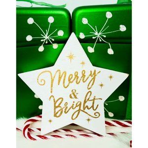 Merry & Bright. Star Shaped Wood Block Sign. Christmas Home Décor.